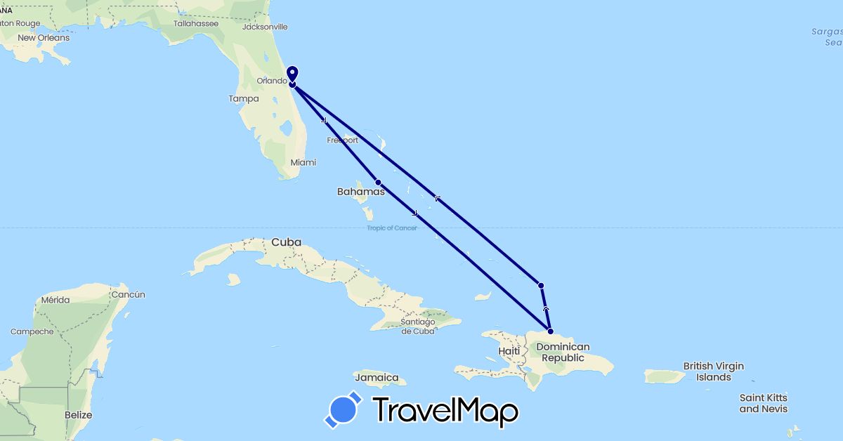 TravelMap itinerary: driving in Bahamas, Dominican Republic, Turks and Caicos Islands, United States (North America)